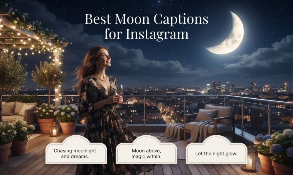 create a beautiful title image "300+ Best Moon Captions for Instagram to Shine Bright
Best Moon Captions for Instagram